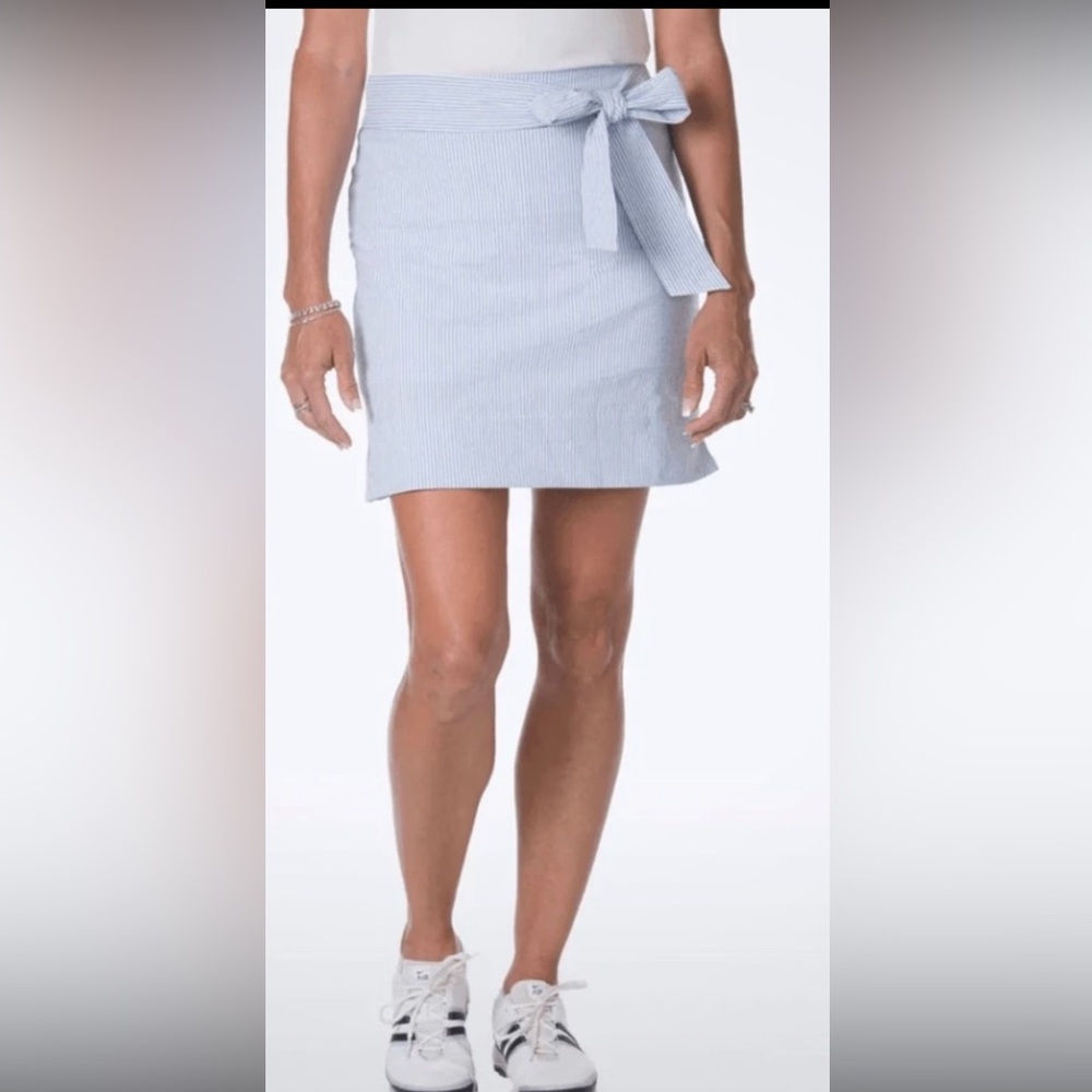Course Club Womens Tie Waist Skort Seersucker Blue White Stripe Tennis Skirt 4